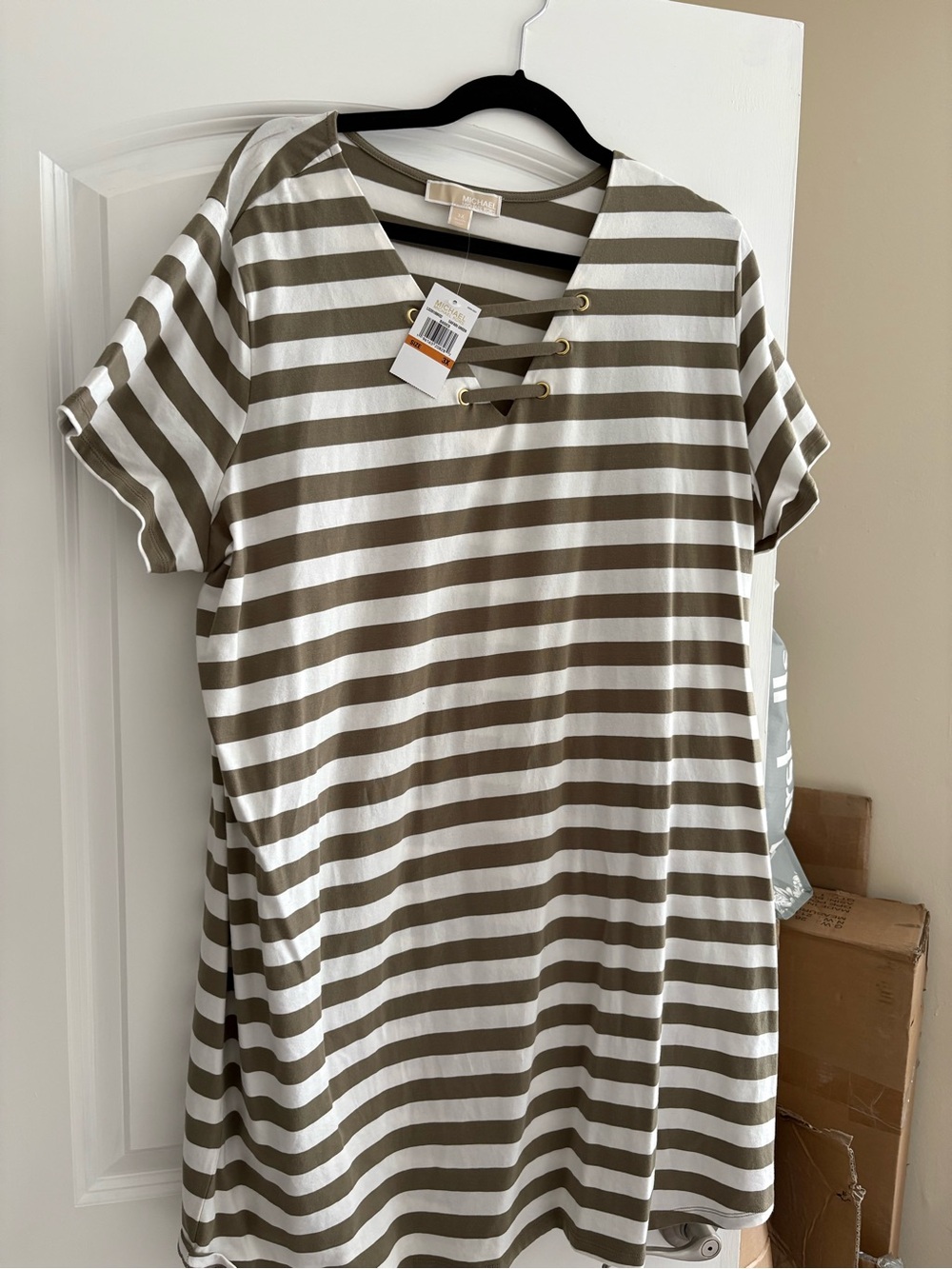Michael Kors Olive & White Striped Lace-Up Tunic Dress